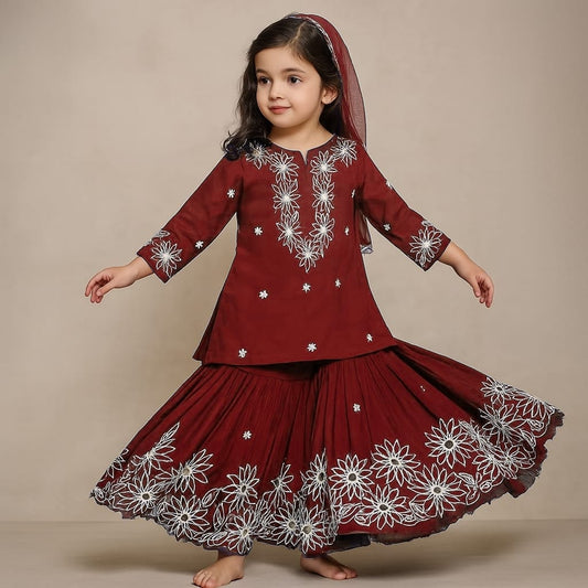 Pre Order: Maroon Front Placket Kurti And Pleated Sharara With Net Dupatta