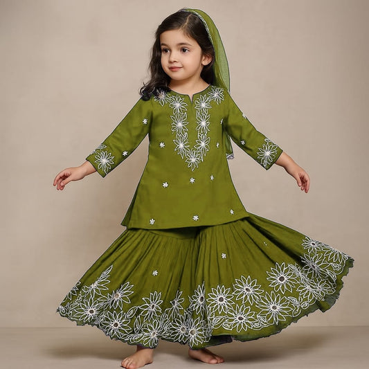 Pre Order:Mehendi Front Placket Kurti And Pleated Sharara With Net Dupatta