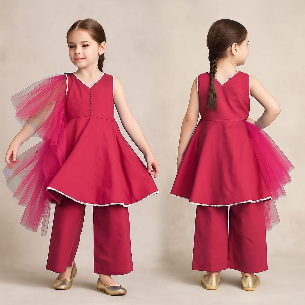 Pre Order: Hot Pink Kurti And Palazzo With Net Dupatta