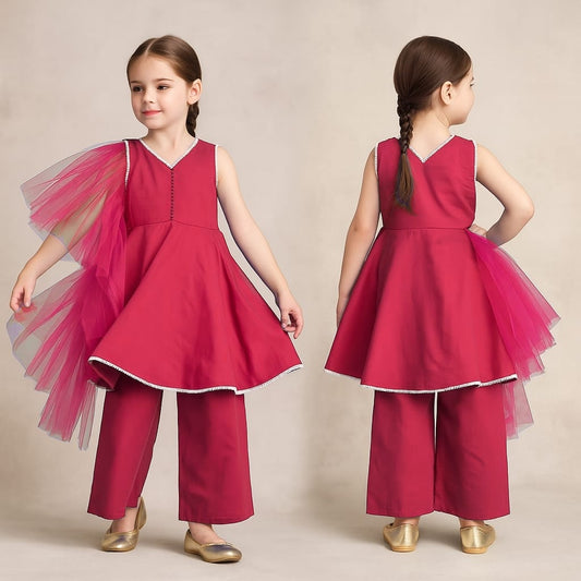 Pre Order: Hot Pink Kurti And Palazzo With Net Dupatta