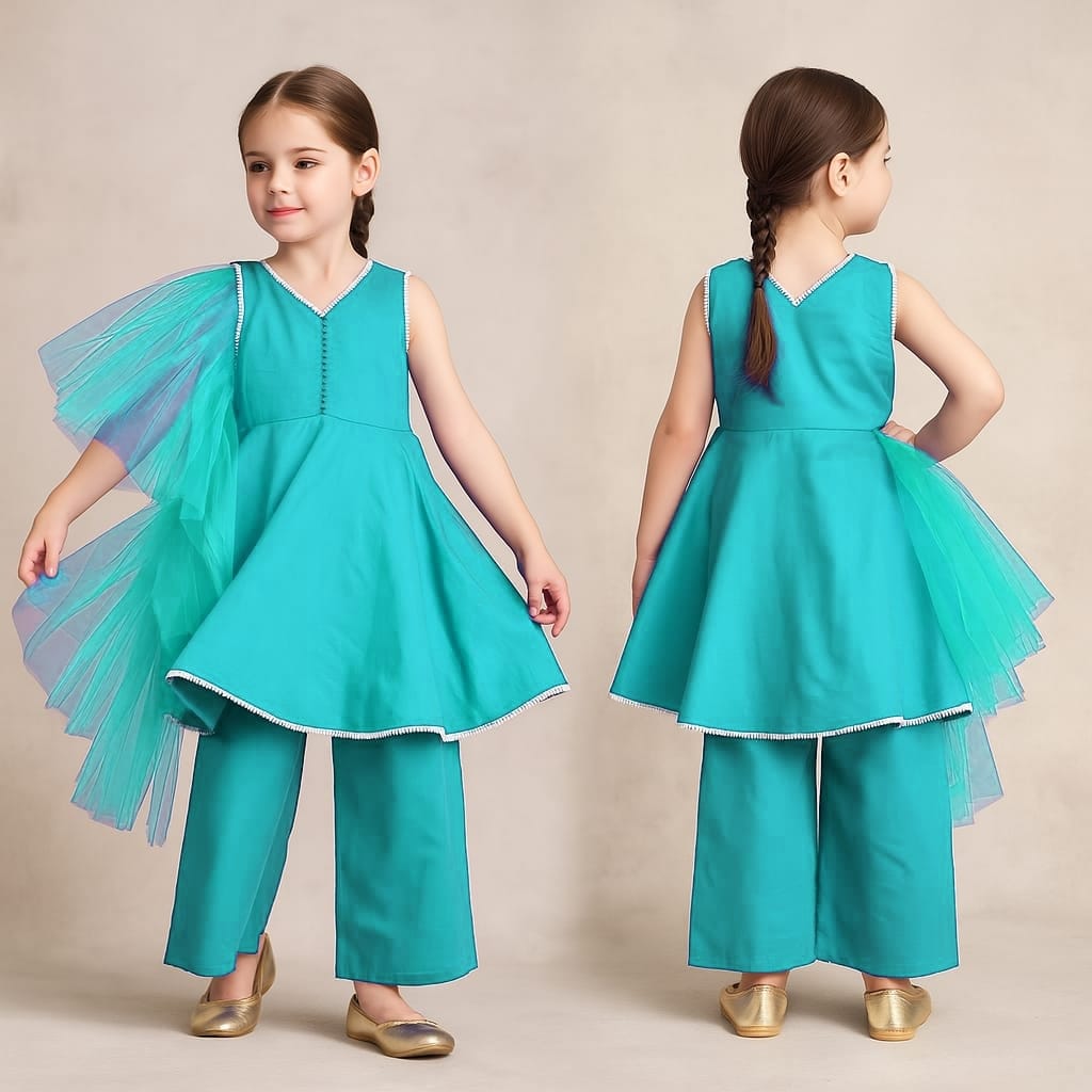 Pre Order: Rama Kurti And Palazzo With Net Dupatta