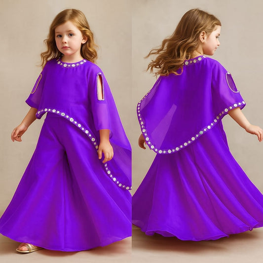 Pre Order: Brinjal Top With Asymmetric Stylish Cape And Palazzo