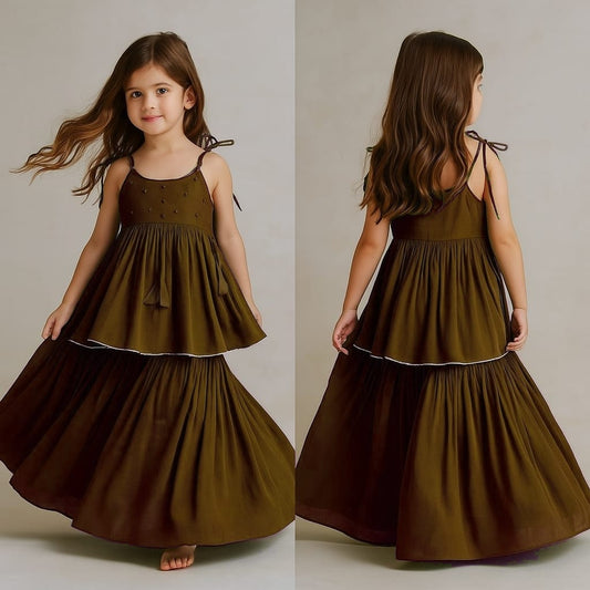 Pre Order: Olive Potli Buttons Detail Top And Sharara With Dupatta