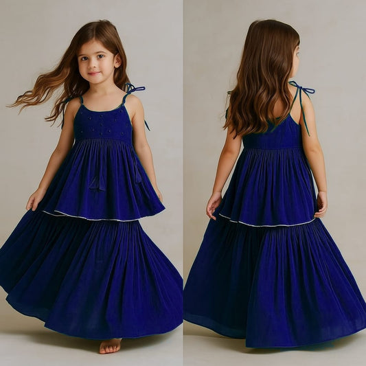 Pre Order: Blue Potli Buttons Detail Top And Sharara With Dupatta