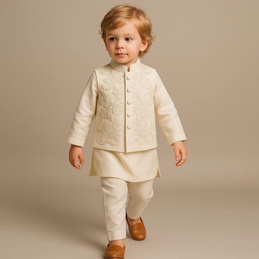 Pre Order:  Ivory Kurta With Front Open Embroidered Jacket And Pyjama