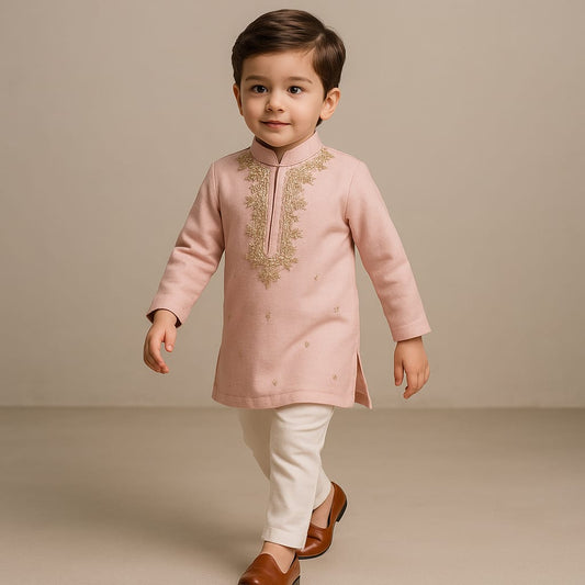 Pre Order: Shimmery Pink Mirror Embroidered Silk Kurta With Churidar