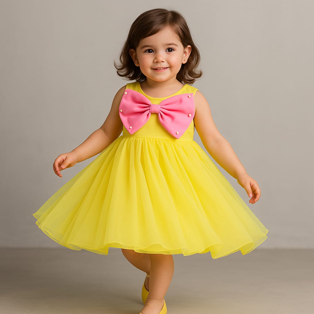 Pre Order: Contrasting Pink Bow-Embellished Yellow Dress