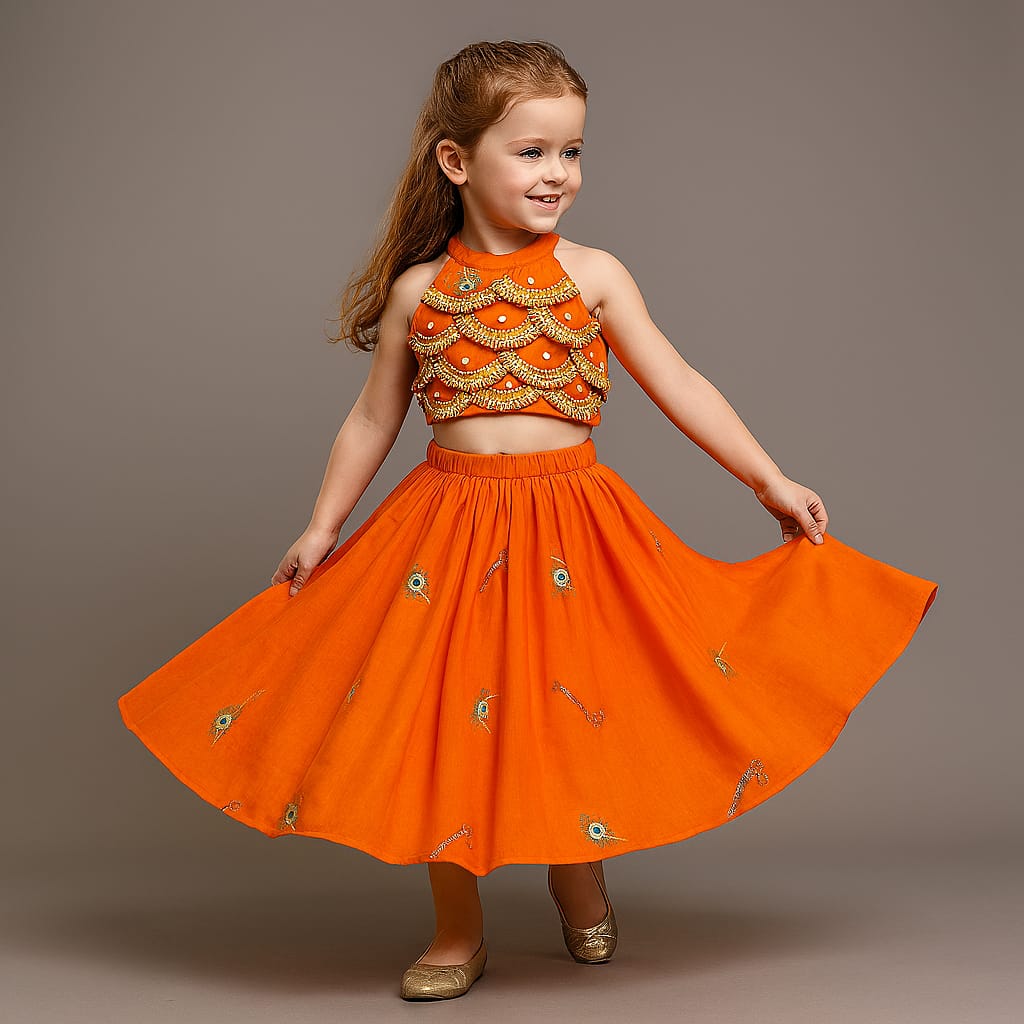 Pre Order: Scalloped Lace Detailed Orange Top And Lehenga