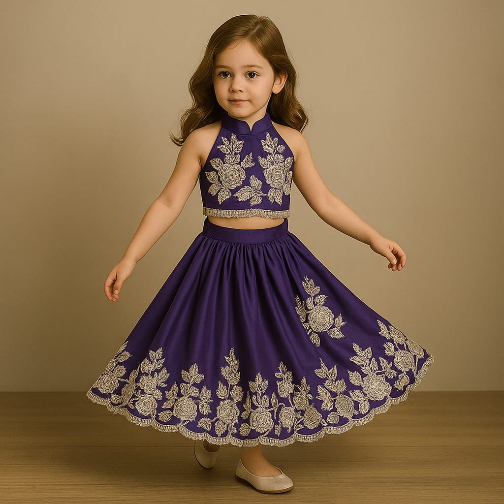 Pre Order: Purple Halter Neck Floral Embroidered Top With Embroidered Lehenga