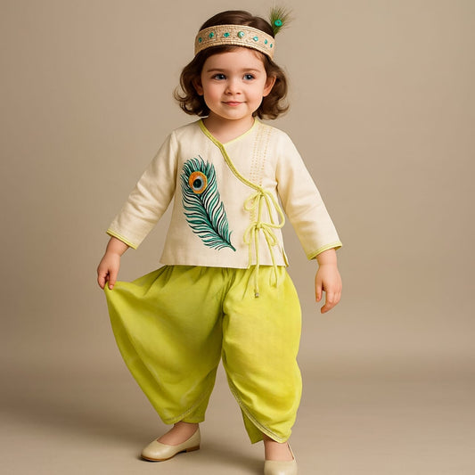 Pre Order: Mor Pankh Embroidered Off White Top And Green Dhoti