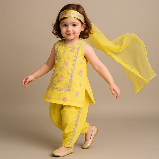 Pre Order: Yellow Sequin Embroidered Sleeveless Kurti With Dhoti And Dupatta