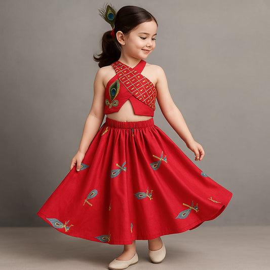 Pre Order: Mor Pankh Embroidered Red Stylish Top And Lehenga