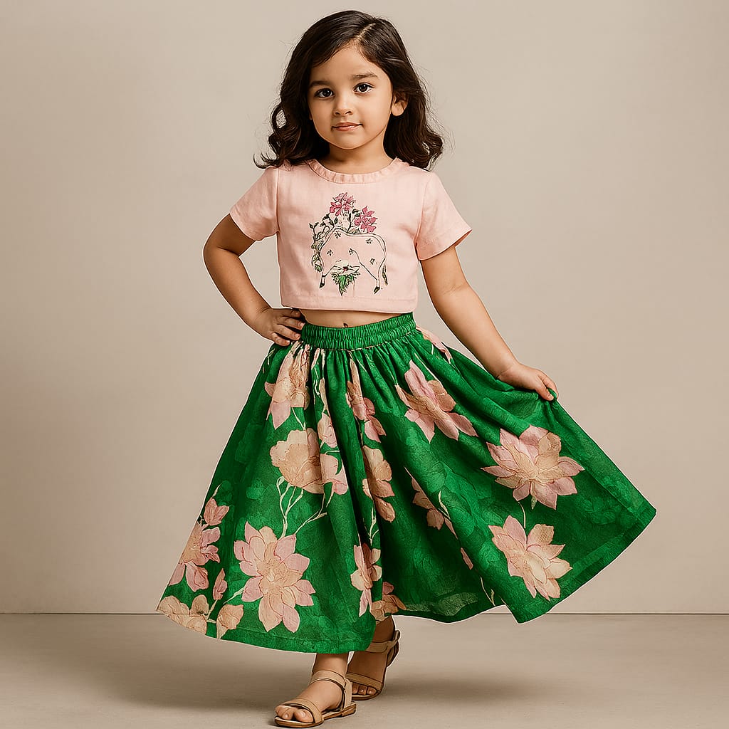 Pleated Neckline Peach Printed Top And Floral Printed Green Palazzo