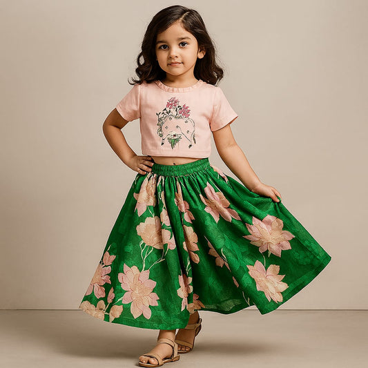 Pleated Neckline Peach Printed Top And Floral Printed Green Palazzo