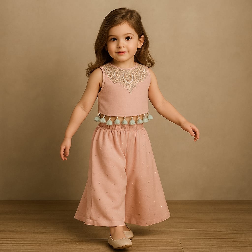 Pre Order: Shimmery Pink Embroidered Tassel Detailed Top With Shimmery Palazzo