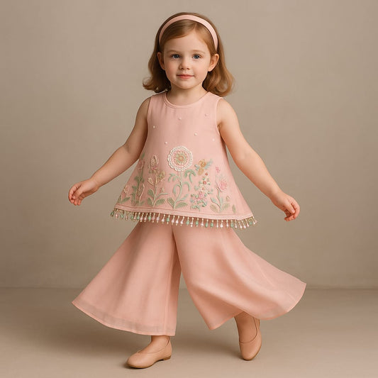 Pre Order: Pink Sleeveless Floral Embroidered Kurti With Flared Palazzo And Dupatta