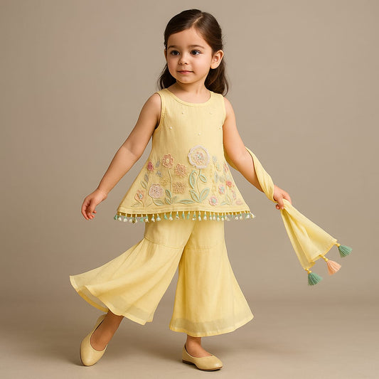 Pre Order: Yellow Sleeveless Floral Embroidered Kurti With Flared Palazzo And Dupatta