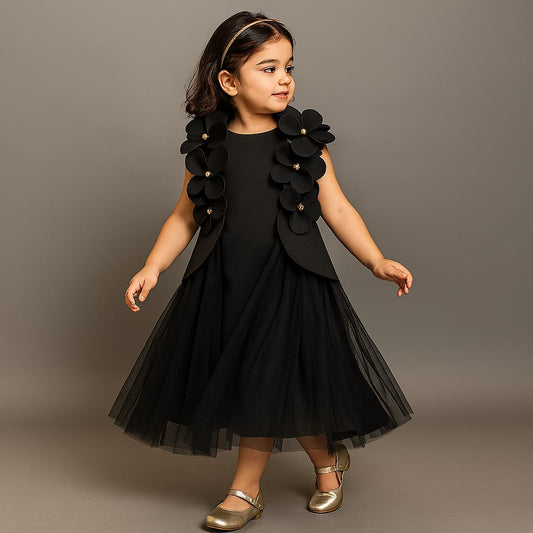 Pre Order: Black Flowers Adorned Net Panel Dress