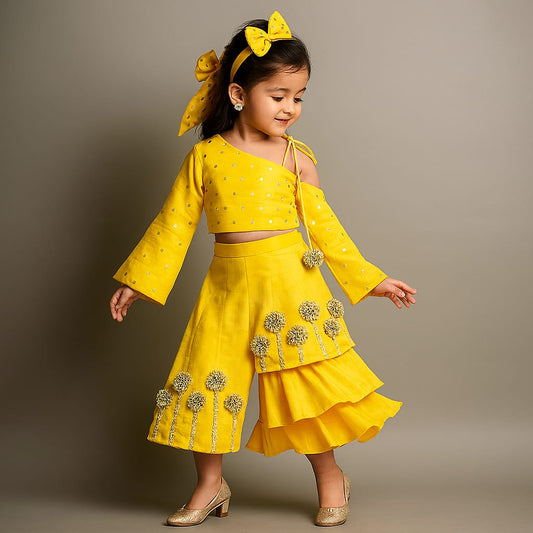 Pre Order: Yellow One Shoulder Top With Tiered Sharara