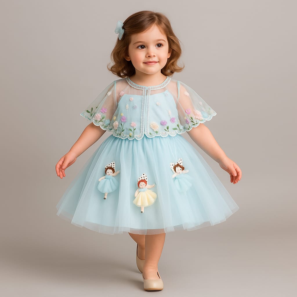 Pre Order: Sky Blue Strappy Dress With Embroidered Cape