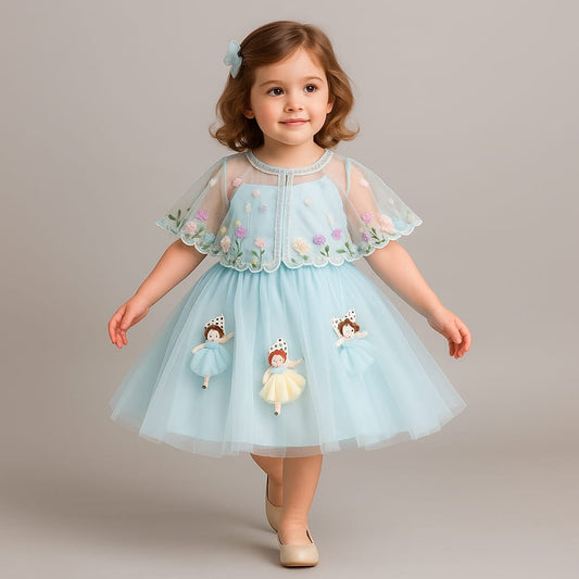 Pre Order: Sky Blue Strappy Dress With Embroidered Cape