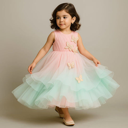 Pre Order: Beautiful Ombre Ruffled Gown With Butterfly Embellishments