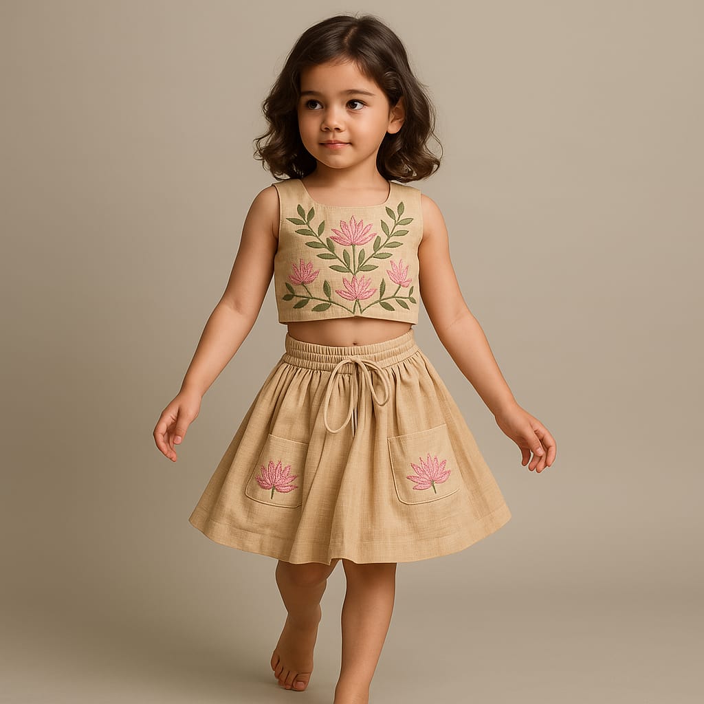 Pre Order: Cute Floral Embroidered Beige Crop Top With Skort