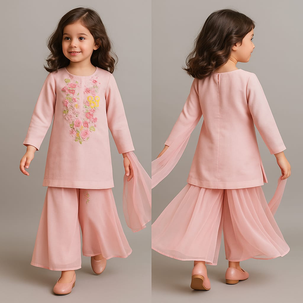 Pre Order: Gorgeous Floral Embroidered Kurti With Pleated Palazzo And Dupatta