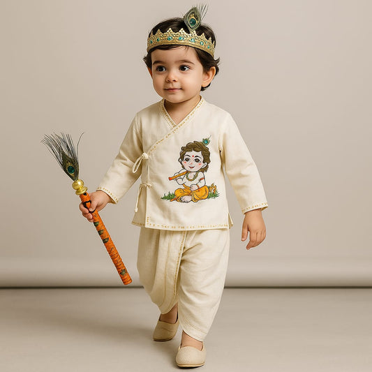 Pre Order: Krishna Hand-Painted Off-White Kurta And Lurex Striped Dhoti