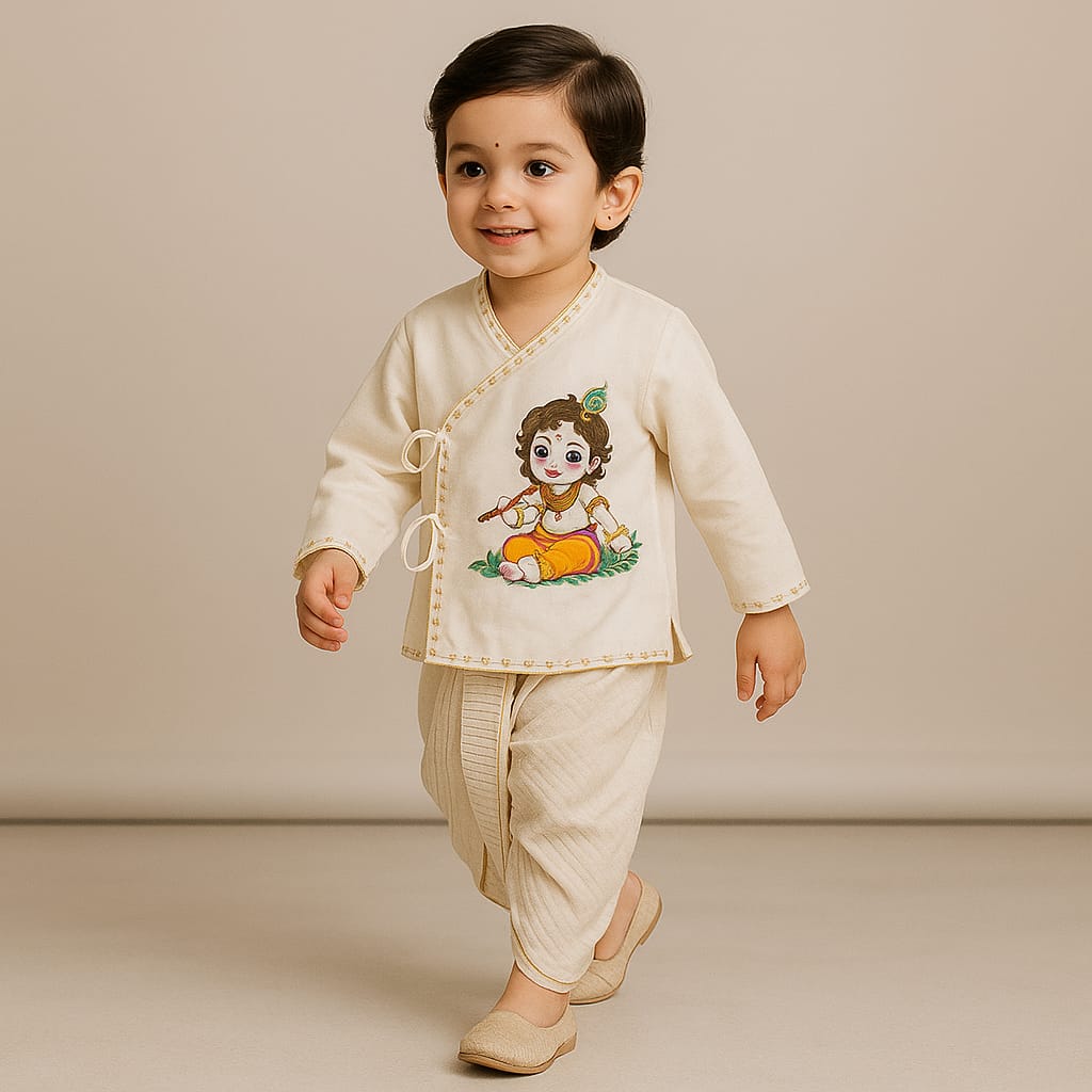 Pre Order: Beautiful Krishna Hand-Painted Off-White Kurta And Lurex Striped Dhoti