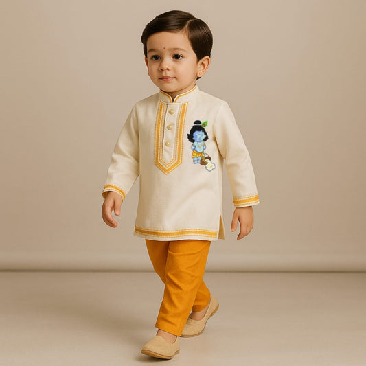 Pre Order: Off White Hand Painted Kurta With Orange Pant