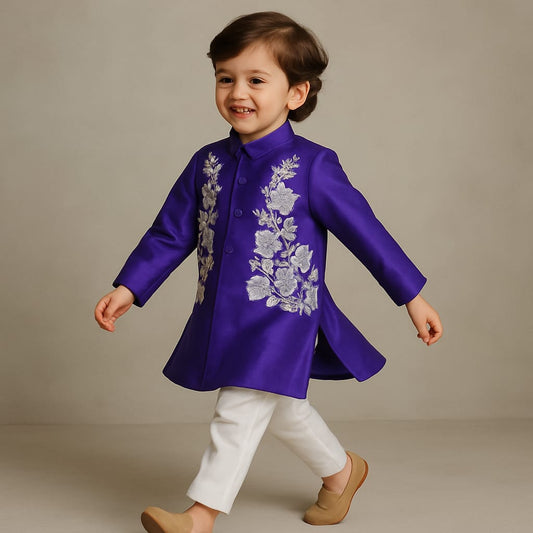 Pre Order: Purple Kurta With Front Open Silk Floral Jacket And Pyjama