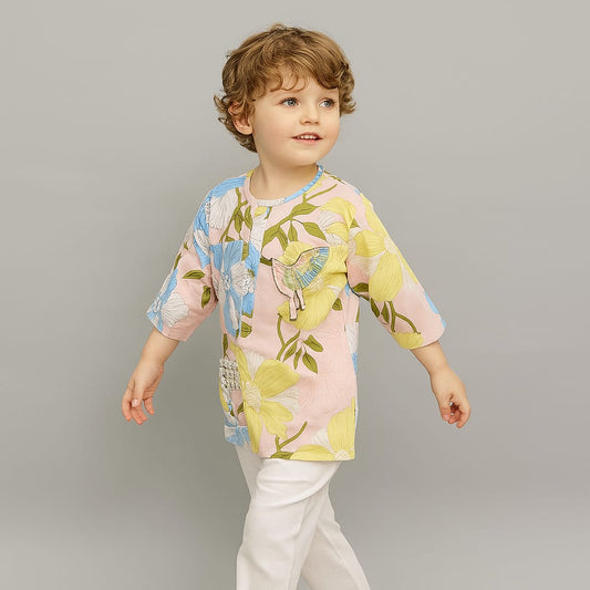 Pre Order: Floral Printed Cotton Kurta With Pyjama