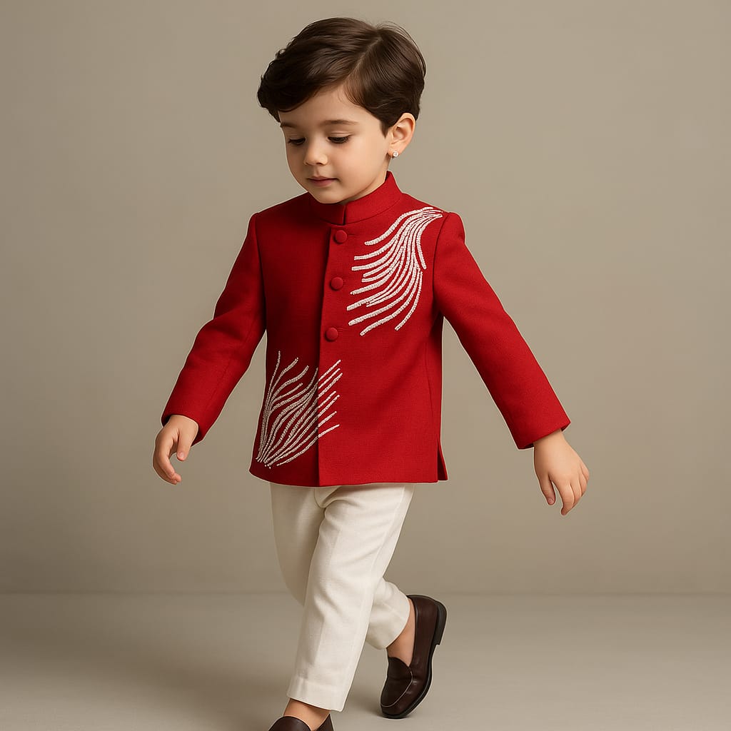 Pre Order: Stunning Red Embroidered Sherwani With Pants