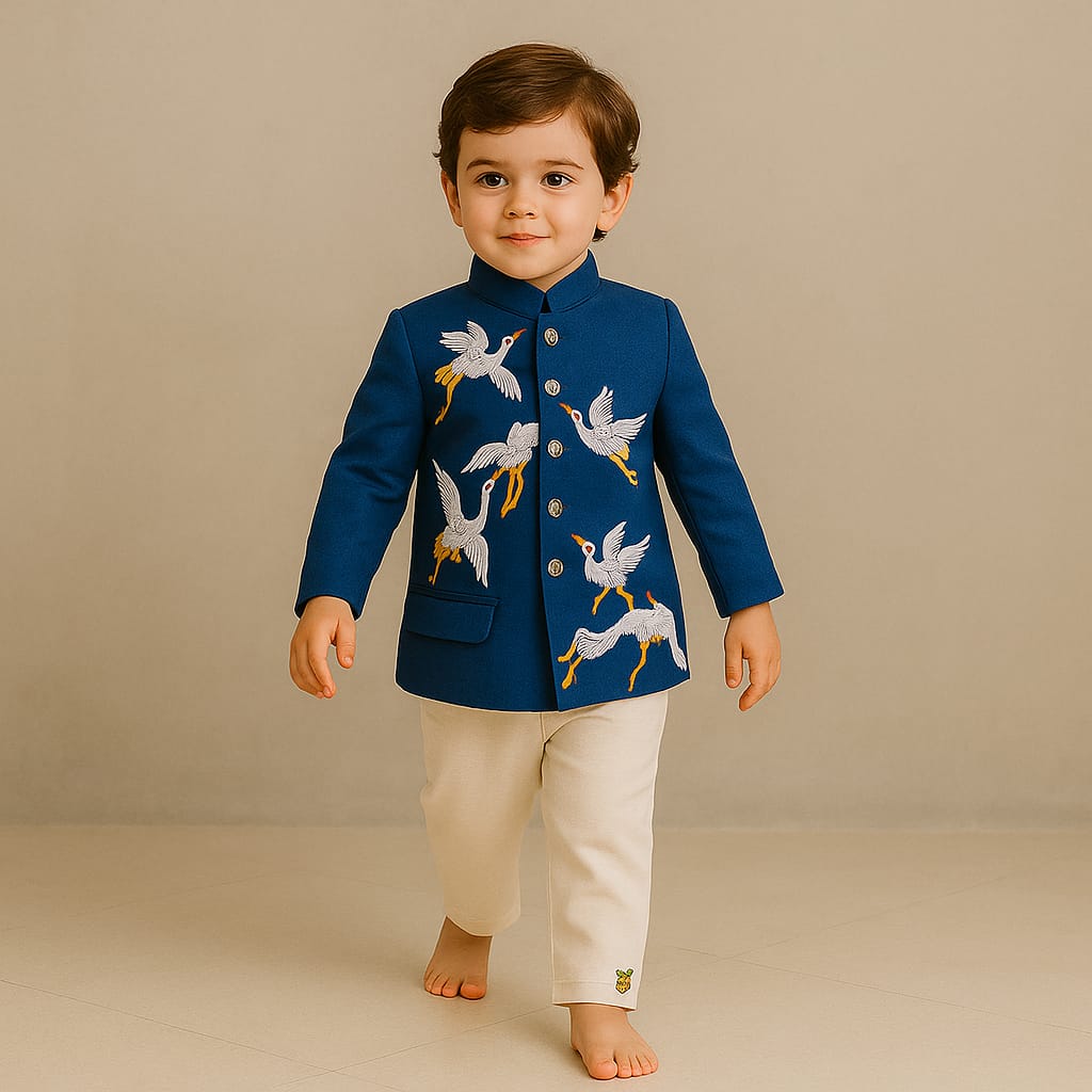 Pre Order: Blue Bird Embroidered Sherwani With Off White Pyjama