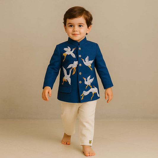 Pre Order: Blue Bird Embroidered Sherwani With Off White Pyjama
