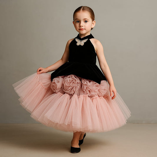 Pre Order: Elegant Black Velvet And Pink Net Gown