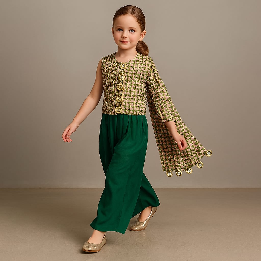 Pre Order: Printed Drape Top And Green Palazzo