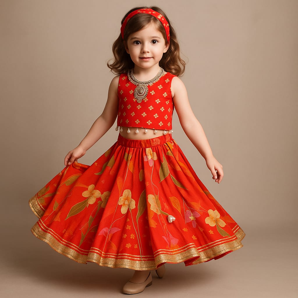 Pre Order: Red Sleeveless Embroidered Scalloped Top With Lehenga