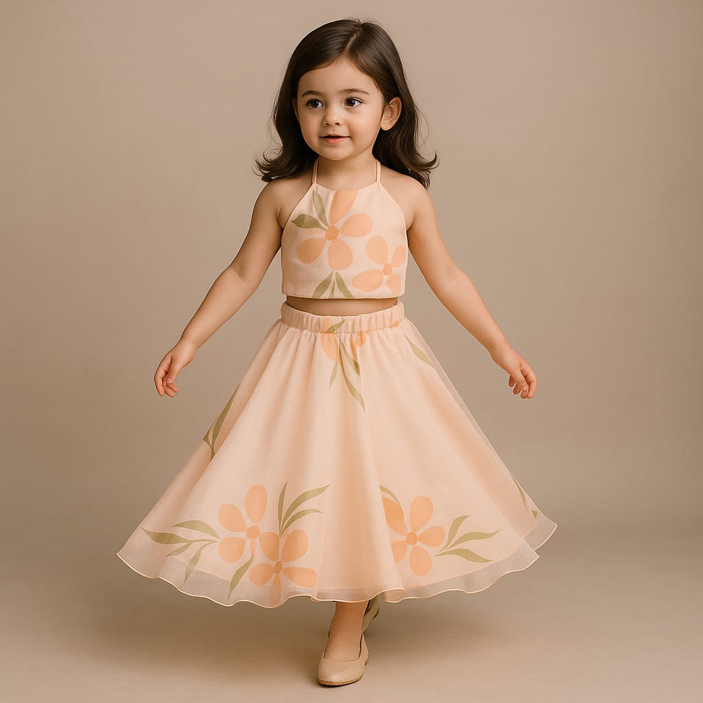 Pre Order: Peach Organza Floral Printed Halter Neck Top With Lehenga