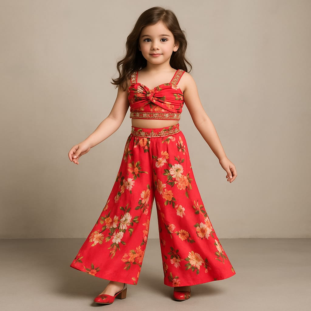 Pre Order: Red Floral Printed Draped Top With Flared Palazzo