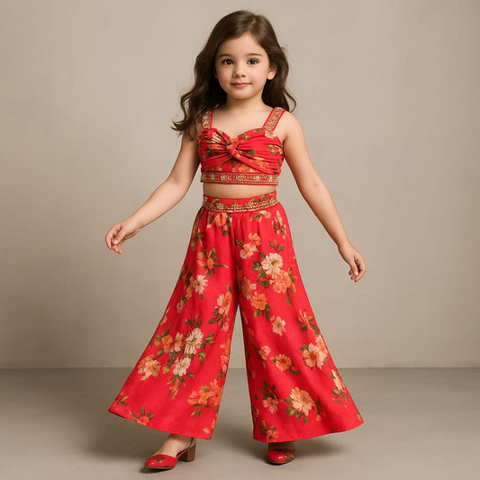 Pre Order: Red Floral Printed Draped Top With Flared Palazzo