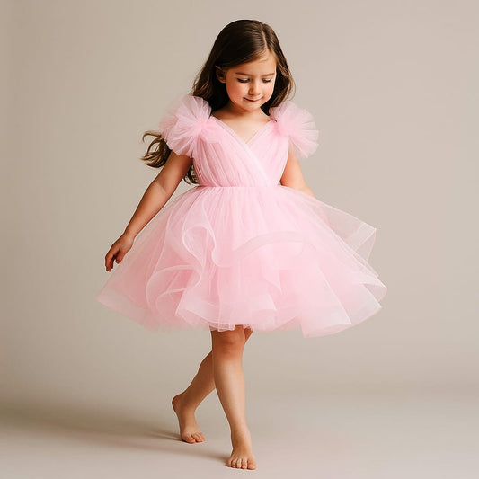 Pre Order: Pink Ruffled Net Dress With Stylish Sleeves