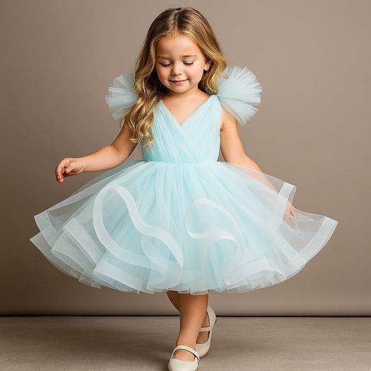 Pre Order: Blue Ruffled Net Dress With Stylish Sleeves