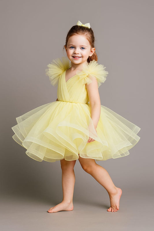 Pre Order: Yellow Ruffled Net Dress With Stylish Sleeves
