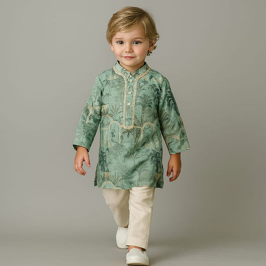 Pre Order: Digital Printed Green Kurta With Pyjama