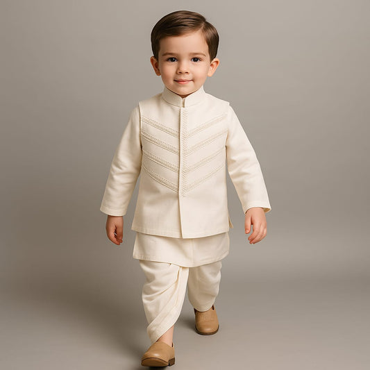 Pre Order: Off White Kurta With Front Open Sequin Laced Jacket And Dhoti