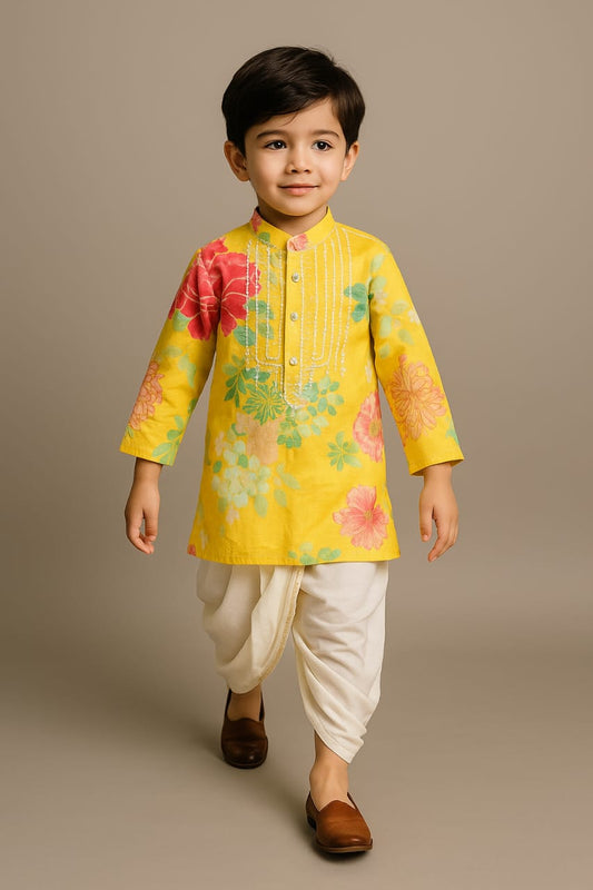 Pre Order: Yellow Floral Printed Kurta With Dhoti