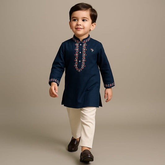 Pre Order: Blue Embroidered Chanderi Kurta With Pyjama