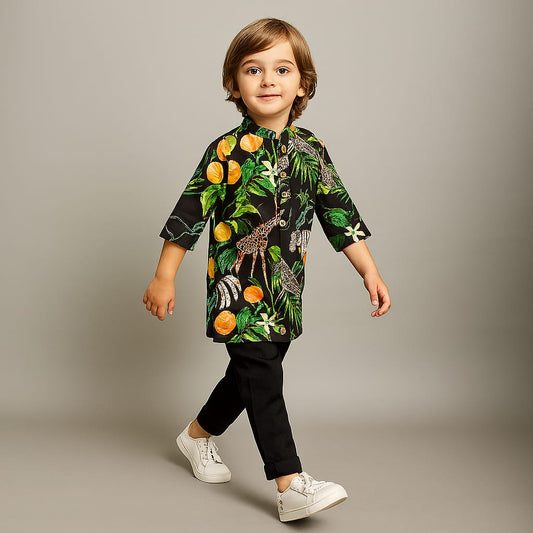 Pre Order: Black Jungle Safari Printed Kurta With Pyjama